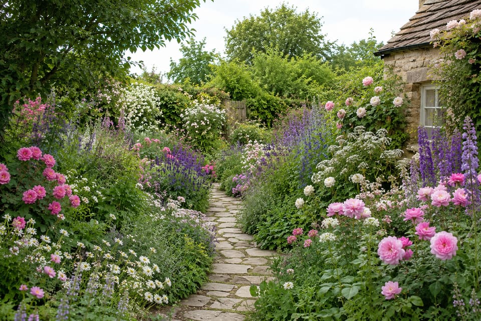Lush English cottage garden path lined with roses, delphinium, and daisies